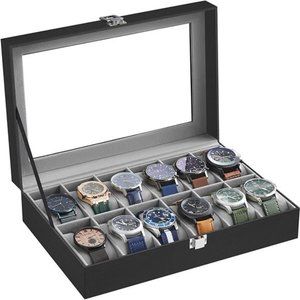 Watch Box, 12-Slot Watch Case with Large Glass Lid, Removable Watch Pillows